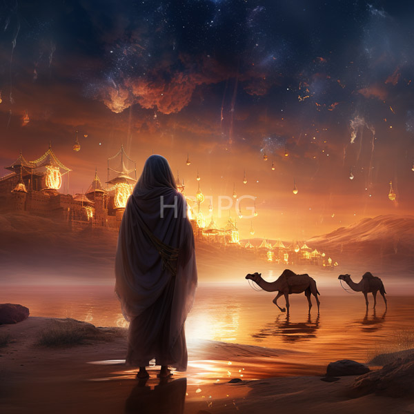 High Resolution: Robed figure with a hooded cloak stands on a reflective orange-lit shore facing two camels against a background of a glowing ancient city and a starry cosmic sky download. | HRJPG.com