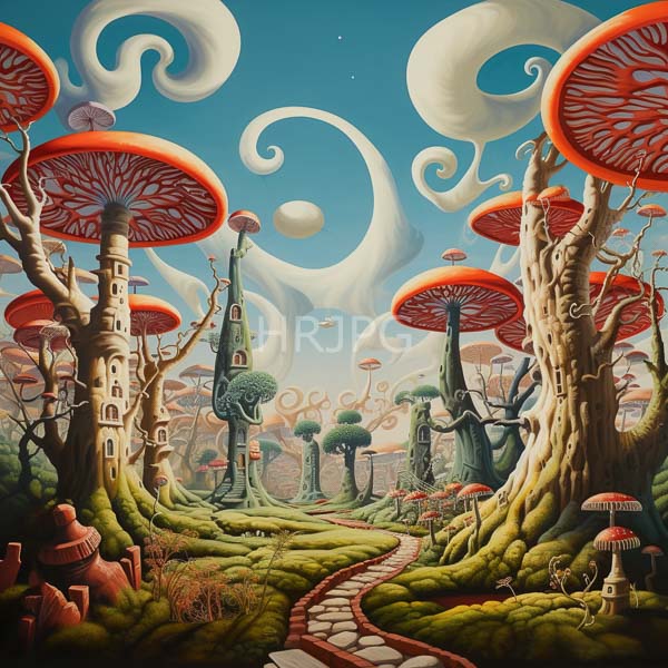 High Resolution: Surreal fantastical forest landscape depicts tall twisted trees with large red-capped white-spotted mushrooms with a winding stone path download. | HRJPG.com