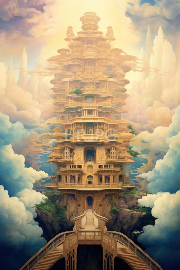 High Resolution: Towering intricately detailed golden multi-tiered city floats in the sky surrounded by fluffy clouds connected by a grand arched stone bridge download. | HRJPG.com