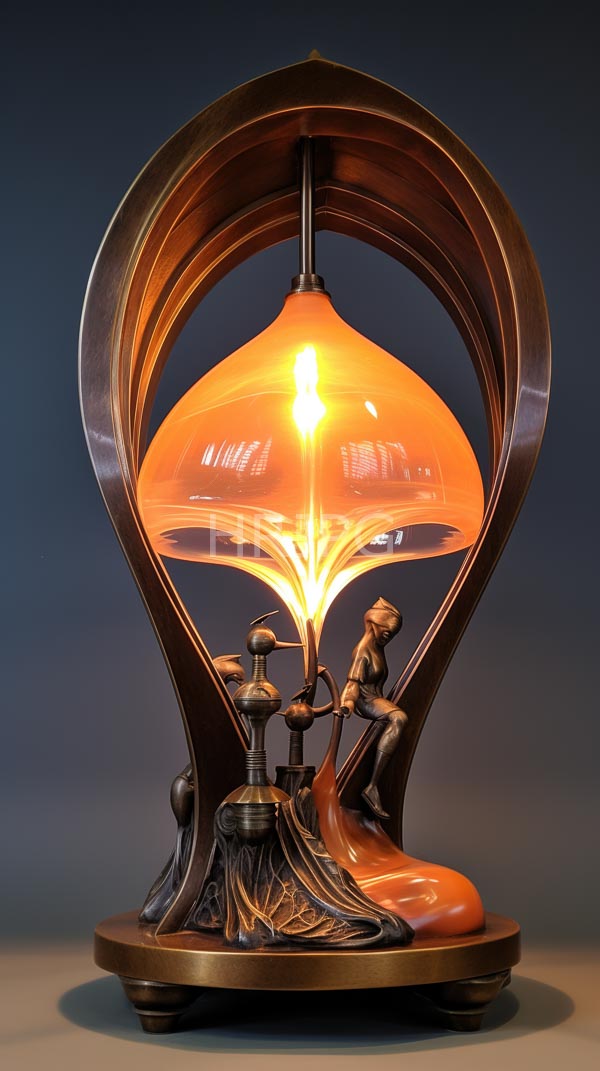 High Resolution: Art Nouveau-style table lamp with a bronze curvilinear metal frame features an orange translucent glass shade and a bronze sculpture of two figures download. | HRJPG.com