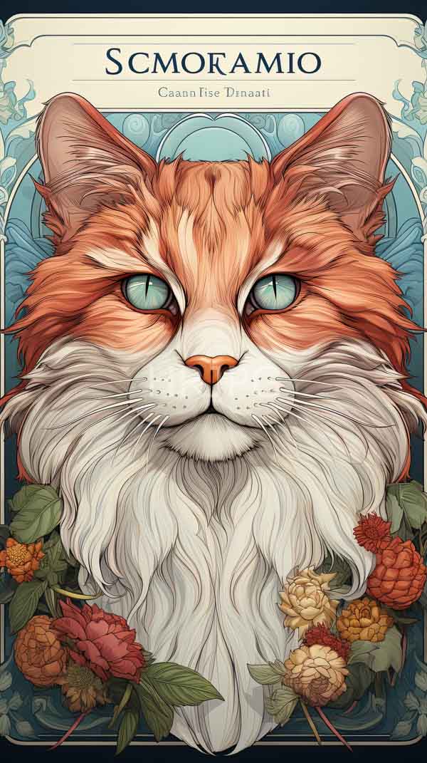 High Resolution: Regal long-haired orange and white cat with piercing green eyes is set against a decorative teal and blue background with a floral arrangement download. | HRJPG.com