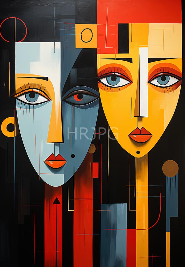 High Resolution: Abstract painting features two stylized female faces side by side: the left face is blue with a red eye and the right face is yellow with a blue eye both adorned with geometric patterns download. | HRJPG.com