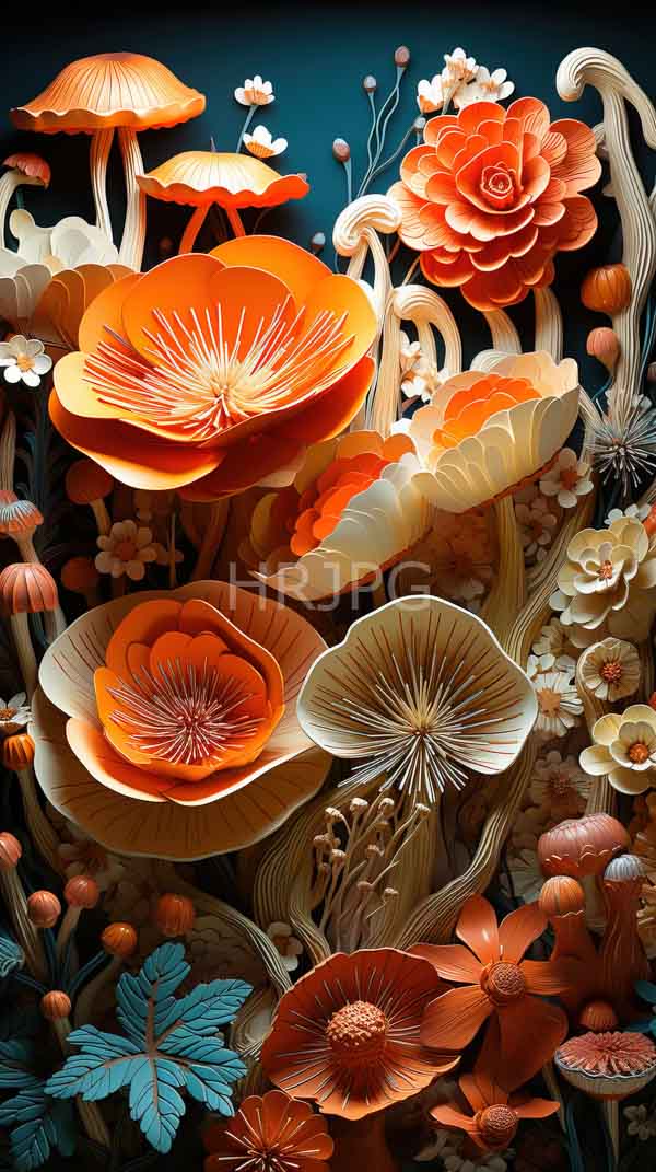 High Resolution: Vibrant surreal floral forest features large orange and red flowers with intricate glowing petal patterns and textured mushrooms download. | HRJPG.com