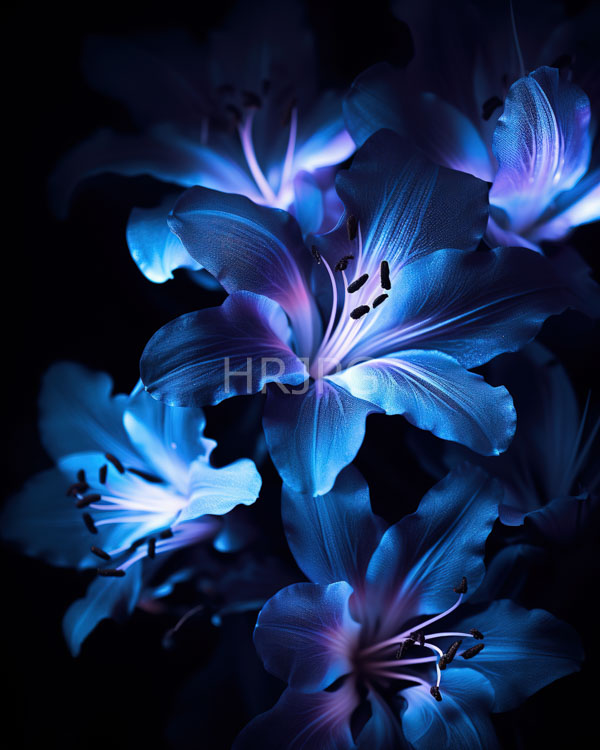 High Resolution: Vivid blue and purple lilies with glowing illuminated petals are set against a dark background highlighting their delicate textures and intricate stamens download. | HRJPG.com
