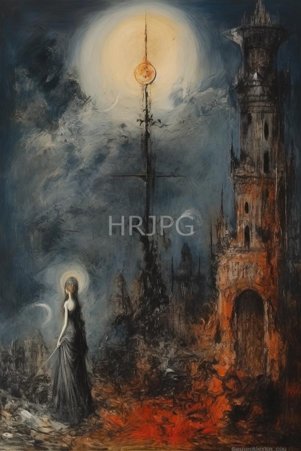 High Resolution: Dark surreal oil painting depicts a pale haloed woman in a flowing gray dress gazing at a tall ornate ruined tower with a glowing sphere download. | HRJPG.com