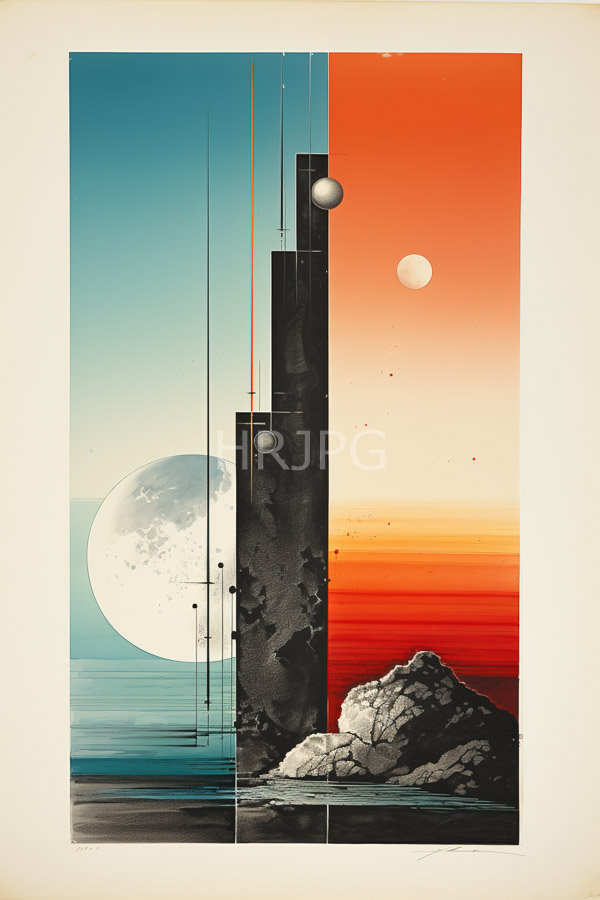 High Resolution: Split vertical composition features the left side with a white moon teal sky and calm water and the right side with a red-orange sunset smaller moon and rocky terrain download. | HRJPG.com