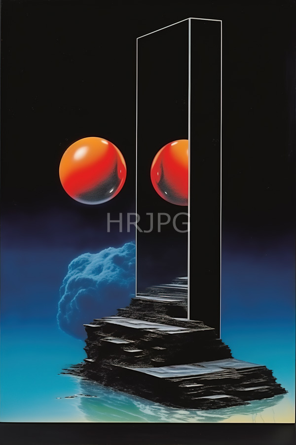 High Resolution: Tall black rectangular structure with a reflective surface has two vibrant orange-red spheres hovering in front of it and a blue cloud-like mist at the base download. | HRJPG.com
