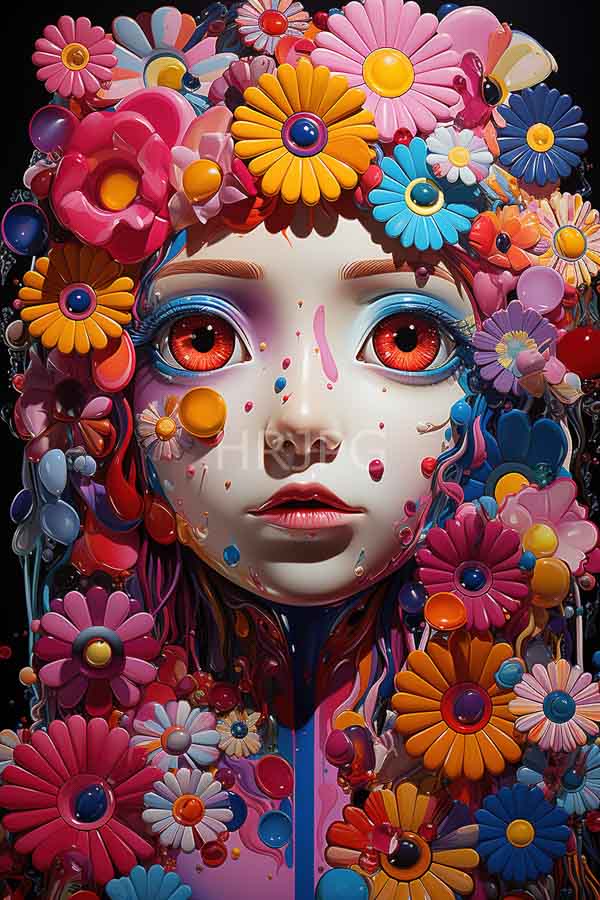 High Resolution: Surreal flower-adorned face with large vivid red eyes is surrounded by colorful detailed flowers in shades of pink orange blue and yellow download. | HRJPG.com