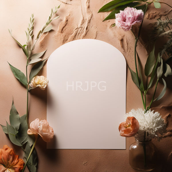 High Resolution: White semi-circular blank paper is centered on a textured light brown background surrounded by an arrangement of pink carnations peach roses and white chrysanthemums download. | HRJPG.com