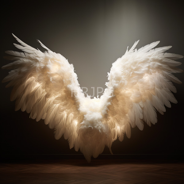 High Resolution: Large white feathered angel wing sculpture is illuminated from above creating a soft glowing effect against a dark gradient background download. | HRJPG.com