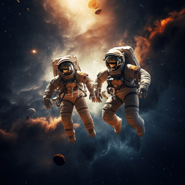 High Resolution: Two astronauts in white space suits with reflective visors float in a cosmic scene against a background featuring a glowing orange-hued nebula download. | HRJPG.com