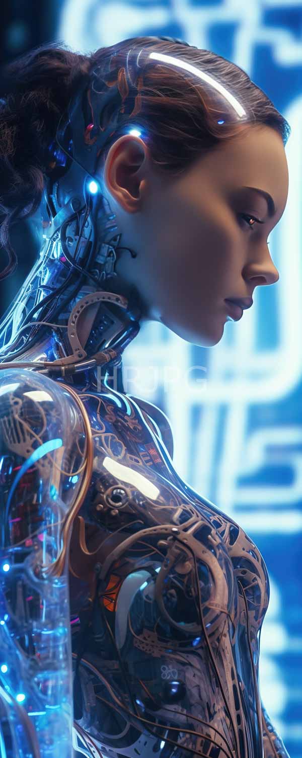 High Resolution: Highly detailed CGI image of a futuristic cybernetic woman with a sleek metallic body light brown skin and intricately designed glowing blue cybernetics download. | HRJPG.com