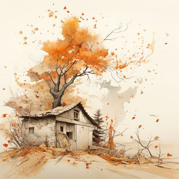 High Resolution: Watercolor painting depicts a weathered wooden shack with a slanted roof surrounded by autumn leaves and a large vibrant orange tree dominating the background download. | HRJPG.com