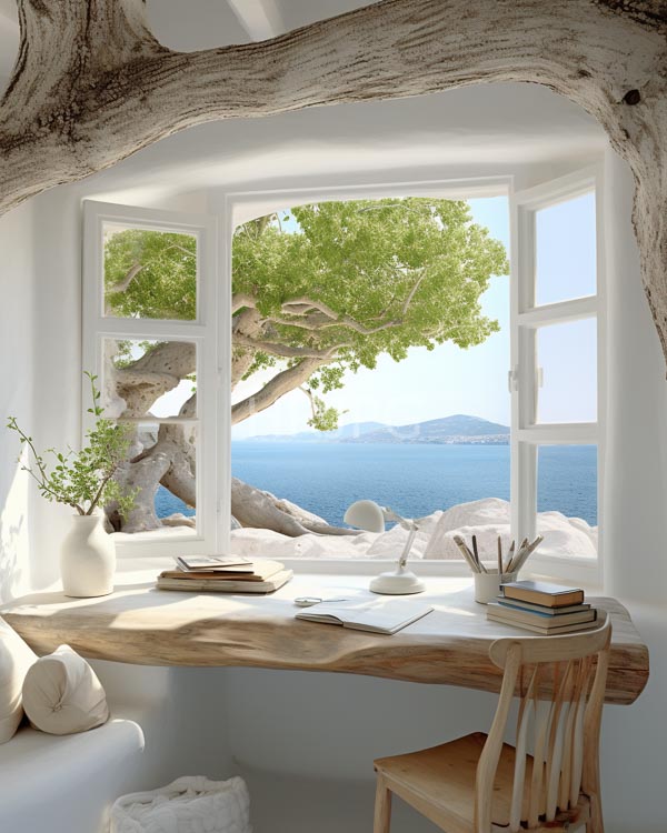 High Resolution: Serene sunlit room features a rustic wooden desk white-framed open window and a view of a clear blue sea and green-leaved tree download. | HRJPG.com