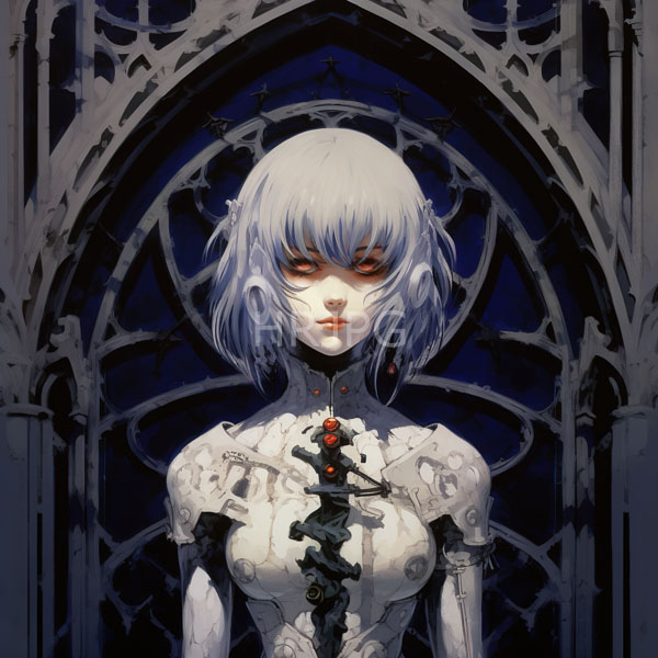 High Resolution: Pale-skinned androgynous humanoid figure with short silver-blue hair and red eyes wears a white intricately detailed cybernetic bodysuit with red and black mechanical elements download. | HRJPG.com