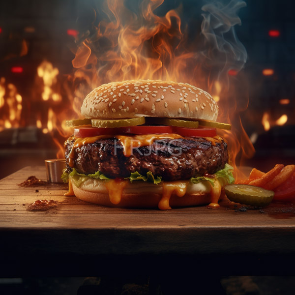 High Resolution: Juicy char-grilled beef burger with melted cheese lettuce tomato and pickles topped with a sesame seed bun is set ablaze with flames download. | HRJPG.com