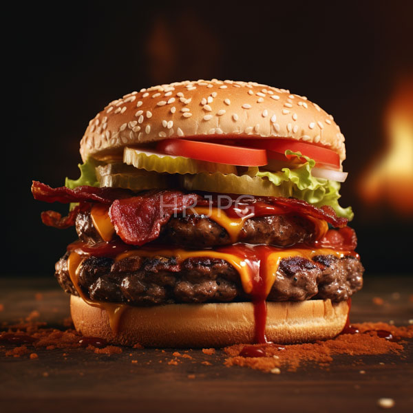High Resolution: Juicy layered cheeseburger on a sesame seed bun features two beef patties melted cheese crispy bacon lettuce tomato and a drizzle of ketchup and mustard download. | HRJPG.com