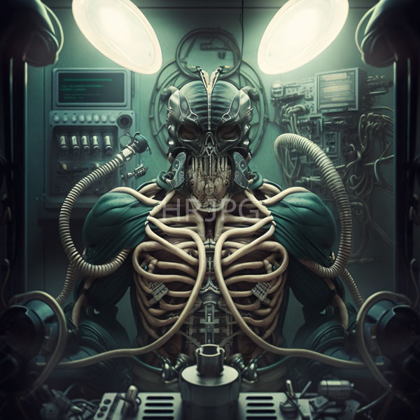 High Resolution: Humanoid creature with a skeletal ribbed green torso and intricate mechanical mask has numerous beige snake-like tubes extending from its chest in a dimly lit futuristic laboratory download. | HRJPG.com