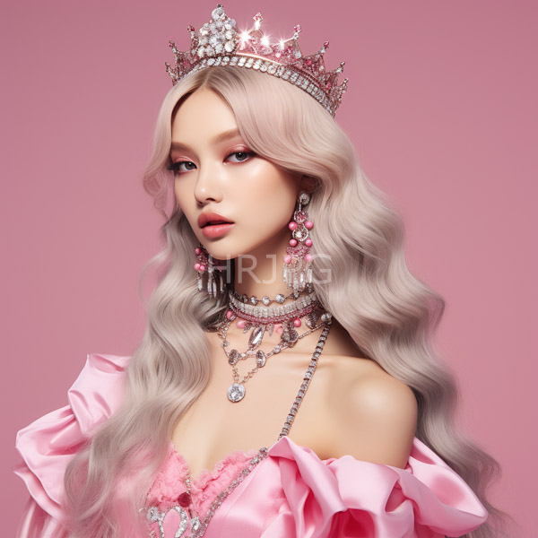 High Resolution: Beautiful fair-skinned young woman with long wavy platinum blonde hair wears a sparkling pink crown matching earrings layered necklaces and a pink off-shoulder dress download. | HRJPG.com