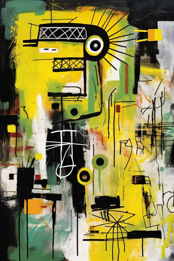 High Resolution: Abstract painting features a chaotic geometric composition with black yellow green and white colors including intersecting circular and rectangular shapes download. | HRJPG.com