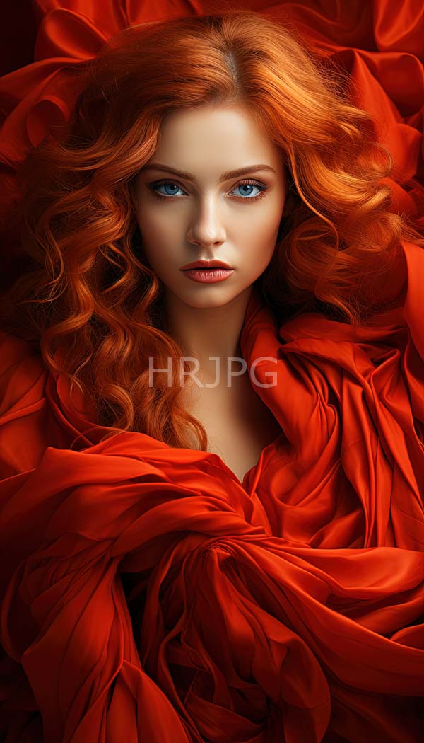 High Resolution: Fair-skinned red-haired woman with striking blue eyes lies amidst voluminous crumpled red fabric with her wavy hair cascading around her face download. | HRJPG.com