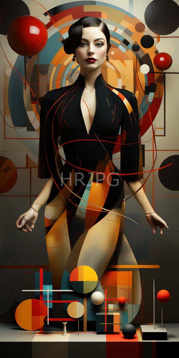 High Resolution: Striking woman with pale skin and dark hair in an elegant black deep V-neck dress stands confidently surrounded by abstract geometric patterns and red and black balloons download. | HRJPG.com