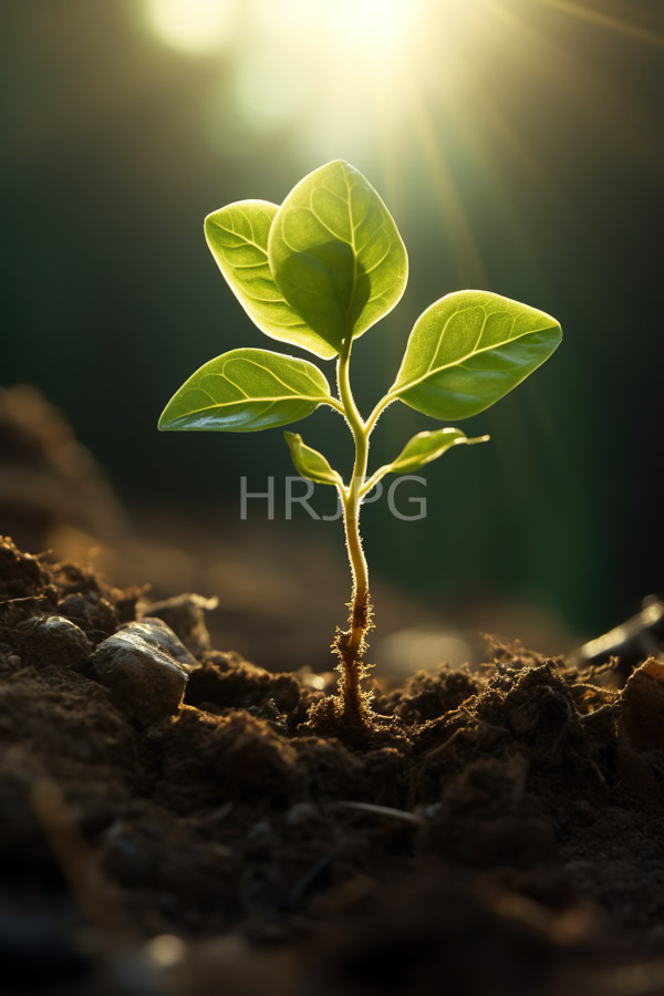 High Resolution: Small vibrant green plant with three leaves emerges from rich textured soil with sunlight streaming from the top creating a glowing halo effect download. | HRJPG.com