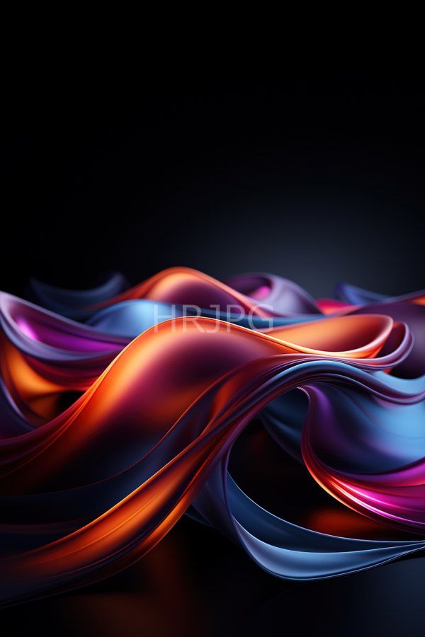High Resolution: Smooth flowing ribbon-like shapes in vibrant shades of orange purple and blue twist and overlap against a dark gradient background with a glossy texture download. | HRJPG.com