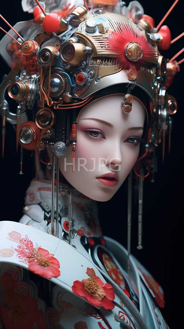 High Resolution: Pale-skinned delicate-faced woman with pink eyeshadow wears a detailed steampunk-inspired kimono adorned with red flowers and an intricate headdress with mechanical gears download. | HRJPG.com