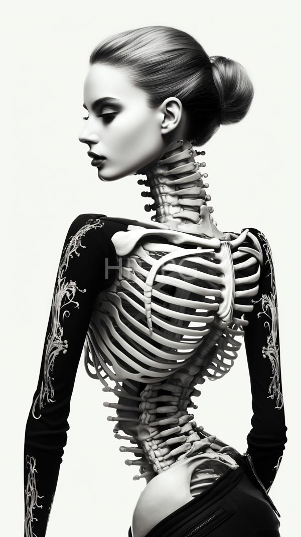 High Resolution: Black-and-white CGI image of a slender fair-skinned woman in a black long-sleeve top with intricate floral patterns has her skeletal structure superimposed download. | HRJPG.com