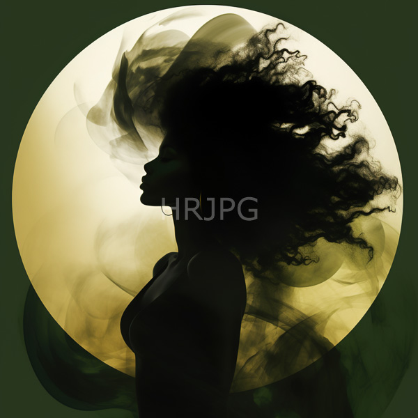 High Resolution: Silhouetted Black woman with voluminous curly hair faces a large glowing yellow moon wearing large hoop earrings against a dark green background download. | HRJPG.com