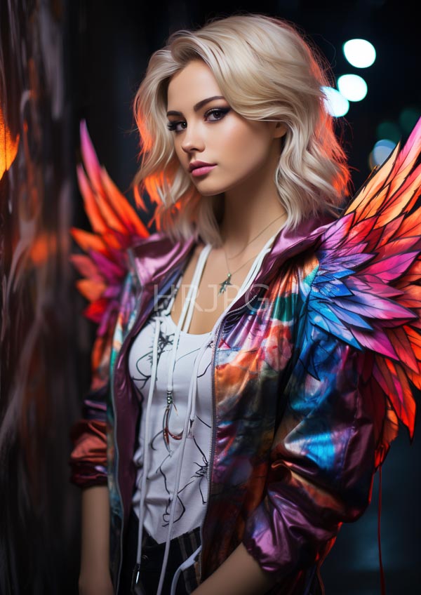 High Resolution: Young blonde woman with wavy hair wears a colorful iridescent jacket with vibrant rainbow-colored feathered wings and a white skirt download. | HRJPG.com