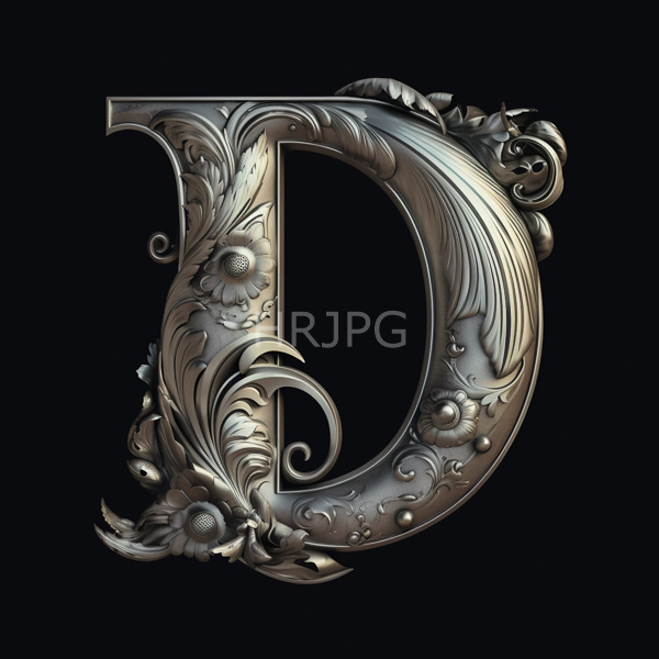 High Resolution: Highly detailed CGI rendering of an ornate silver-colored capital letter "D" is adorned with intricate floral and leaf patterns against a black background download. | HRJPG.com
