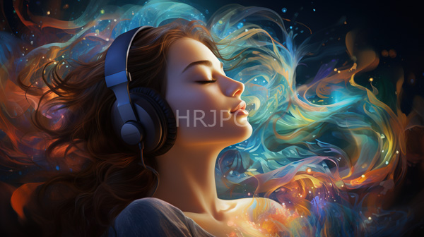 High Resolution: Young woman with closed eyes wearing large gray headphones lies down with wavy brown hair flowing around her surrounded by vibrant swirling colorful light patterns download. | HRJPG.com