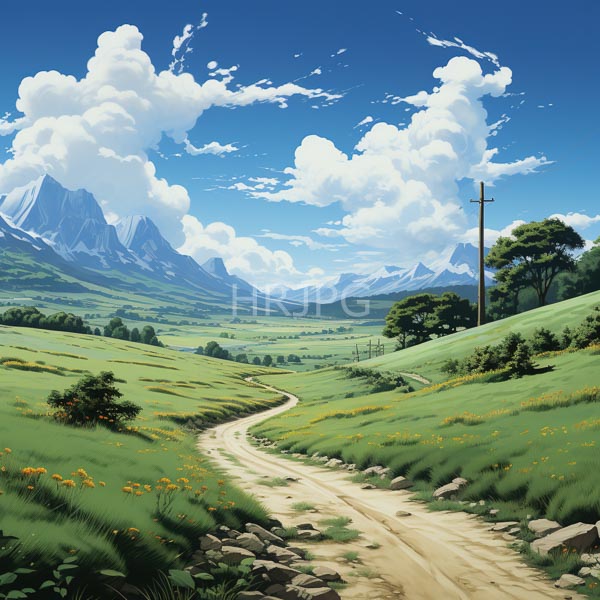 High Resolution: Vibrant sunlit landscape features a winding dirt path through lush green hills dotted with yellow wildflowers and majestic snow-capped mountains in the background download. | HRJPG.com