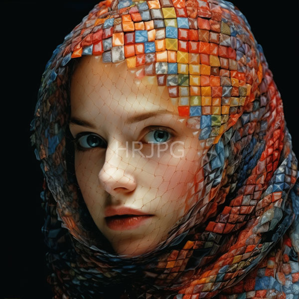 High Resolution: Young girl with fair skin and blue eyes wears a colorful mosaic-patterned headscarf that covers her hair with small square tiles in shades of red orange blue and gray download. | HRJPG.com