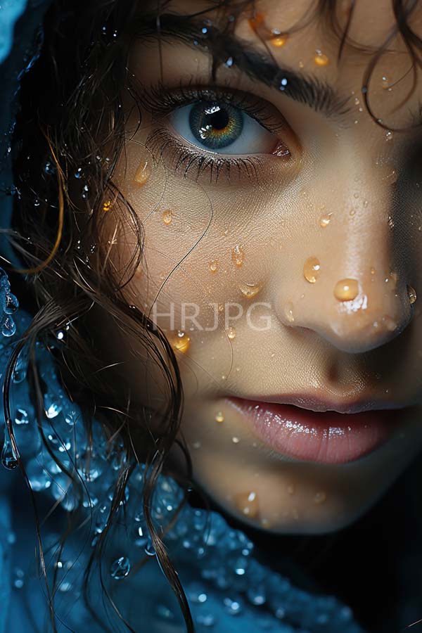 High Resolution: Close-up photograph of a young woman with wet curly brown hair and blue eyes with her skin glistening with water droplets wearing a blue hooded garment download. | HRJPG.com