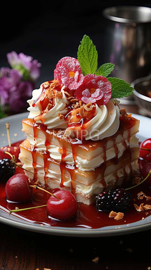 High Resolution: Decadent dessert is a stack of golden-brown pancakes topped with white whipped cream pink candied flower petals fresh mint leaves and red syrup download. | HRJPG.com