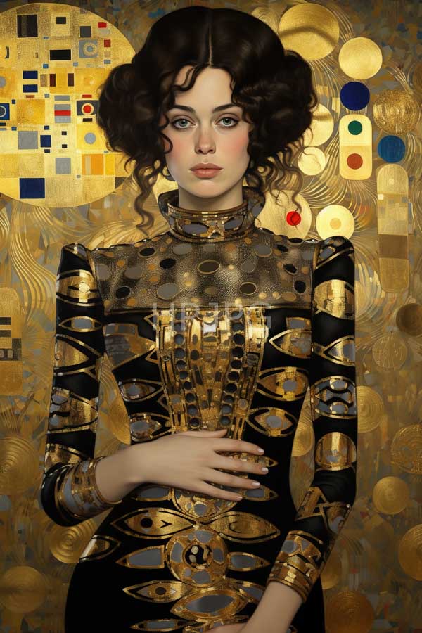 High Resolution: Young woman with fair skin and curly brown hair wears an elaborate black and gold dress with eye motifs standing against a golden abstract background with circular patterns download. | HRJPG.com