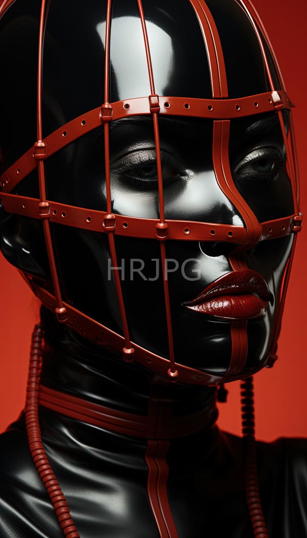 High Resolution: Black latex mannequin head with a glossy finish wears a red leather cage mask with metal rivets straps and a coiled cord around the neck download. | HRJPG.com