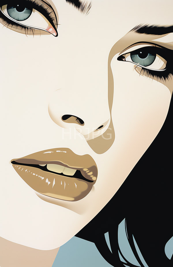 High Resolution: Close-up stylized female face has pale skin large blue-green eyes with long dark eyelashes and full glossy brown lips slightly parted download. | HRJPG.com