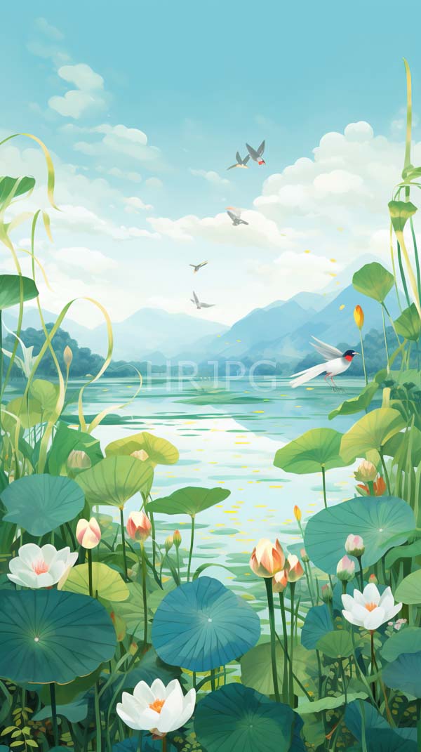 High Resolution: Serene lake scene features blooming white lotus flowers with pink centers and large green lily pads in the foreground with calm reflective water and distant mountains download. | HRJPG.com
