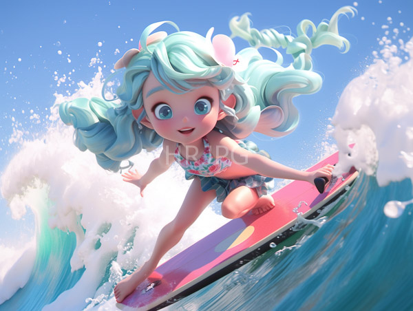High Resolution: Cute anime-style girl with large expressive blue eyes and curly mint-green hair wears a floral bikini and a pink bow surfing a vibrant multicolored wave download. | HRJPG.com