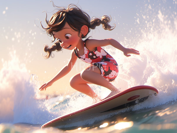High Resolution: Young girl with dark curly hair in pigtails wears a red white and black floral swimsuit surfing on a red and white surfboard download. | HRJPG.com