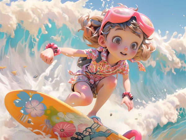 High Resolution: Cute young girl with curly brown hair wears pink goggles a floral-patterned shirt and checkered shorts surfing on a colorful flower-decorated board download. | HRJPG.com