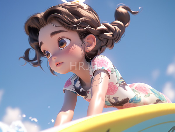 High Resolution: Young girl with large expressive brown eyes and wavy brown hair in a side braid wears a floral-patterned swimsuit leaning forward on a yellow surfboard against a bright blue sky download. | HRJPG.com