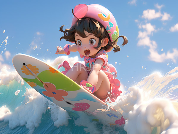 High Resolution: Cute anime-style young girl with brown hair and wide eyes wears a pink floral dress and matching hat surfing on a colorful surfboard with floral patterns download. | HRJPG.com
