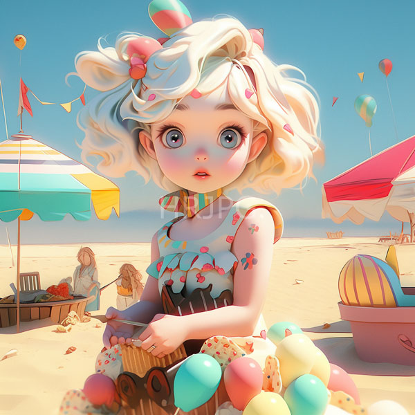 High Resolution: Cute wide-eyed blonde-haired girl with large blue eyes wears a colorful cupcake-patterned dress holding a cupcake on a sunny beach with colorful umbrellas and balloons download. | HRJPG.com