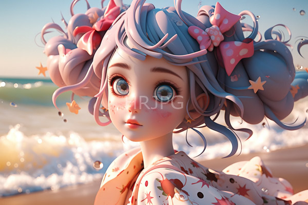 High Resolution: Cute anime-style girl with large expressive blue eyes and light purple curly hair adorned with pink bows and star-shaped hairpins wears a white star-patterned kimono download. | HRJPG.com