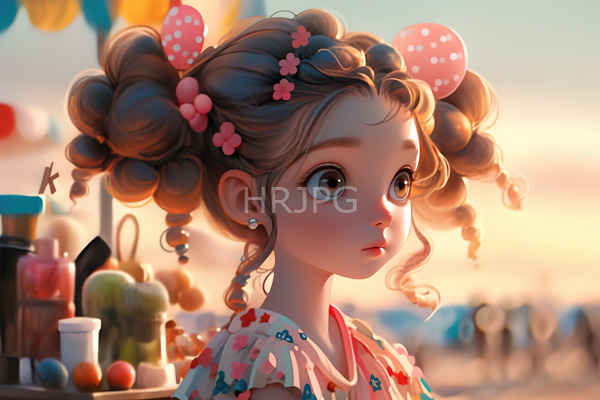 High Resolution: Young girl with large expressive eyes and rosy cheeks wearing a floral dress and pink polka-dot hair accessories has brown hair styled in two large curly buns at a beachside food stall download. | HRJPG.com